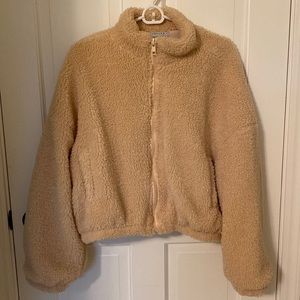 Tan Sherpa Teddy Cropped Zip Jacket
